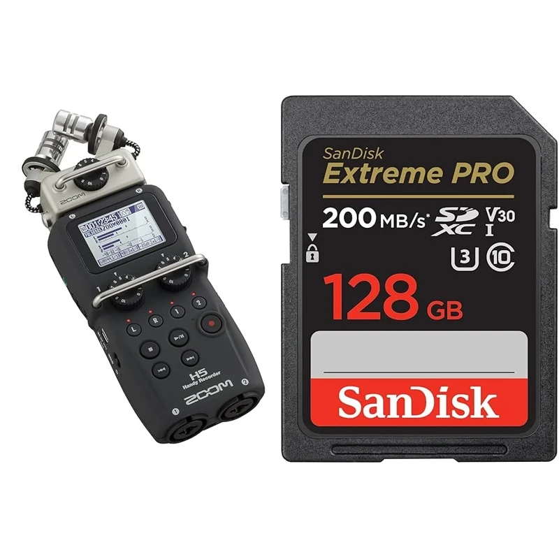Zoom H5 4-Track Portable Recorder for Audio for Video, Music, and Podcasting, Stereo Microphones & SanDisk 128GB Extreme PRO SDXC card + RescuePRO Deluxe, up to 200MB/s, UHS-I, Class 10, U3, V30