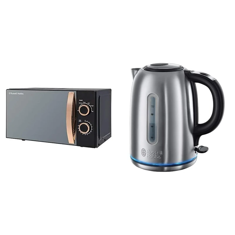 Russell Hobbs RHM1727RG 17 Litre 700 W Rose Gold Solo Microwave with 5 Power Levels, 30 Minute Timer & Brushed Stainless Steel Electric 1.7L Cordless Kettle (Quiet & Fast Boil 3KW