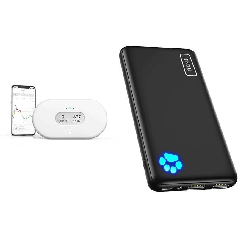 Airthings 2960 View Plus - Radon and Air Quality Monitor with PM 2.5, CO2, VOC, Humidity & INIU Power Bank, Portable Charger 10000mAh Slimmest & Lightest High-Speed USB C Input & Output