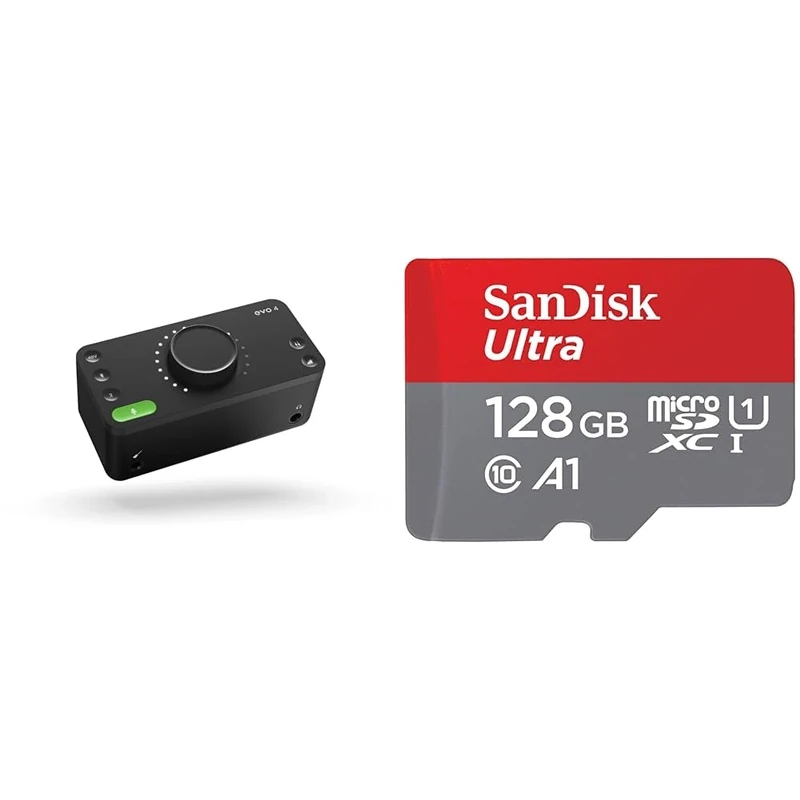 Audient EVO 4 USB Audio Interface sound card for music production, 2 in / 2 out USB audio-interface & SanDisk 128GB Ultra microSDXC card + SD adapter up to 140 MB/s with A1 App Performance UHS-I