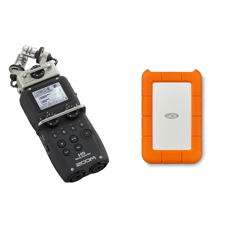 Zoom H5 4-Track Portable Recorder for Audio for Video, Music, and Podcasting, Stereo Microphones & LaCie Rugged USB-C, 5TB, Portable External Hard Drive, Drop, Shock, Dust, Rain Resistant