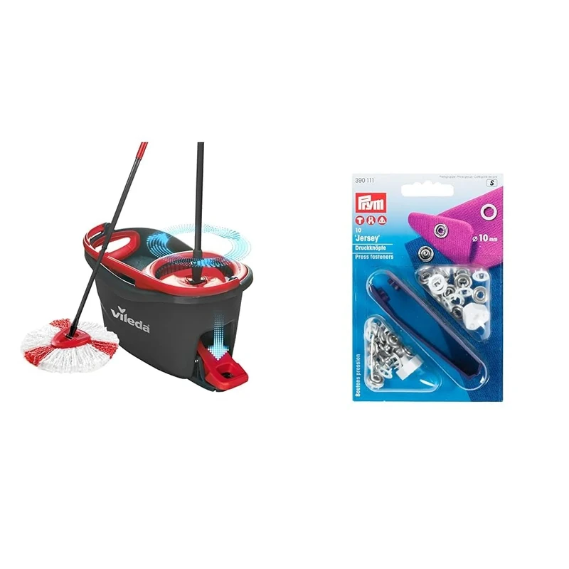 Vileda Turbo Microfibre Mop And Bucket Set, Spin Mop For Cleaning Floors, Set Of 1 Mop And 1 Bucket & Prym Non-sew Press Fasteners Jersey Brass pronged Ring White 10 mm