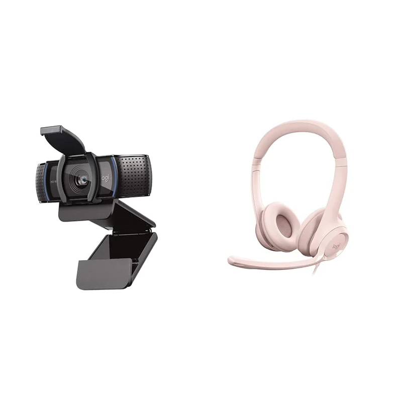 Logitech C920S HD Pro Webcam, Full HD 1080p/30fps Video Calling, Clear Stereo Audio & H390 Wired Headset for PC/Laptop, Stereo Headphones with Noise Cancelling Microphone, Rose