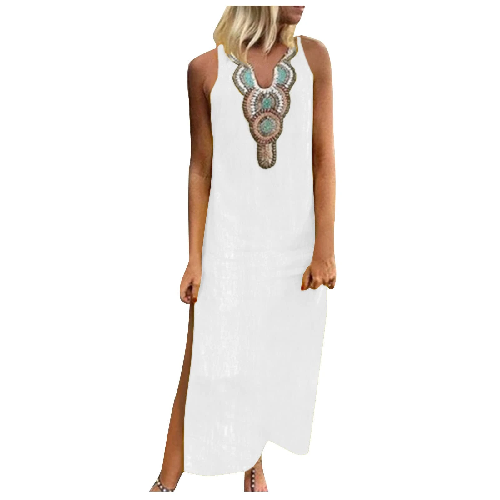 Women Plus Size Linen Dresses Retro Ethnic Print Maxi Dress Sleeveless High Split Long Dress Summer Beach Boho Sundress Vintage A-Line Loose Vest Dress White