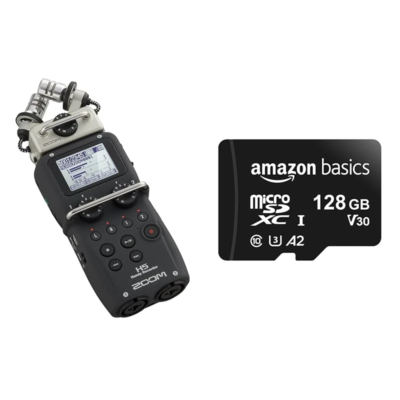 Zoom H5 4-Track Portable Recorder for Audio for Video, Music, and Podcasting, Stereo Microphones & Amazon Basics - MicroSDXC Memory Card, 128GB, with SD Adapter, A2, U3, 100MB/s Max Read Speed, Black