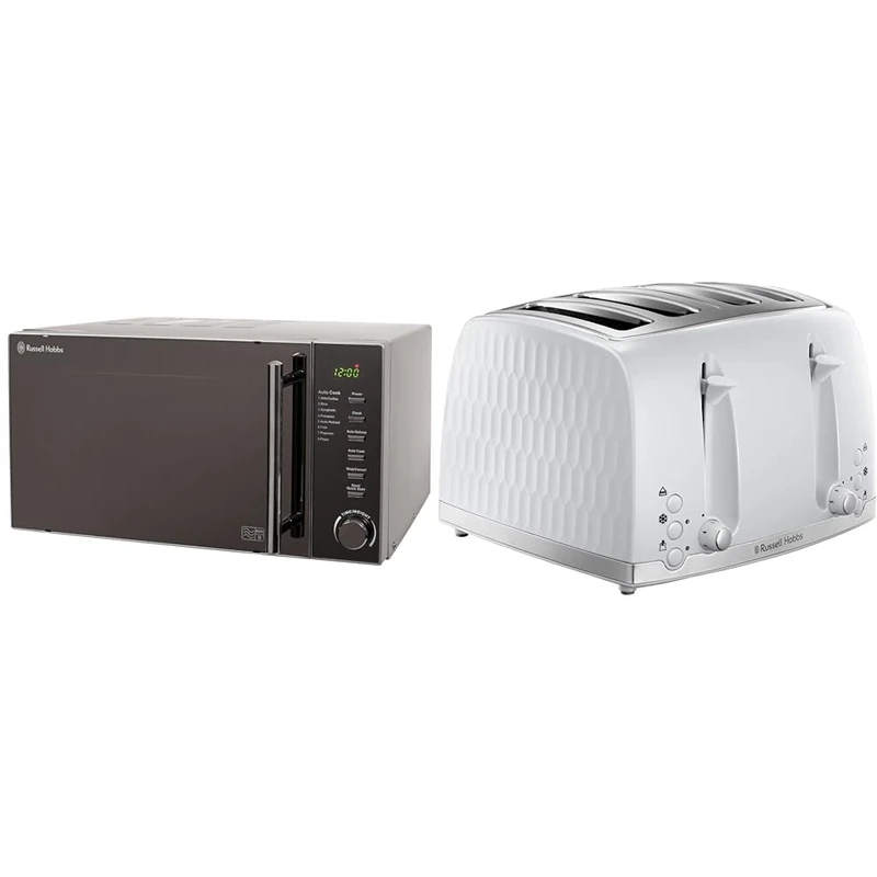 Russell Hobbs RHM2017 20L 800W Silver Digital Microwave, Child Safety Lock, Automatic Defrost & Honeycomb 4 Slice Toaster (Independent & Extra wide slots with high lift
