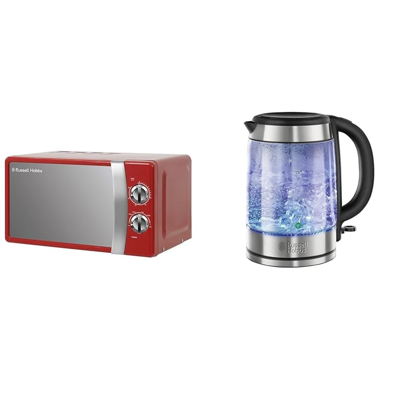 Russell Hobbs RHMM701R 17 Litre 700 W Red Solo Manual Microwave with 5 Power Levels, Ringer & Timer & Illuminating 1.7L Electric Cordless Glass Kettle with black/brushed stainless steel accents