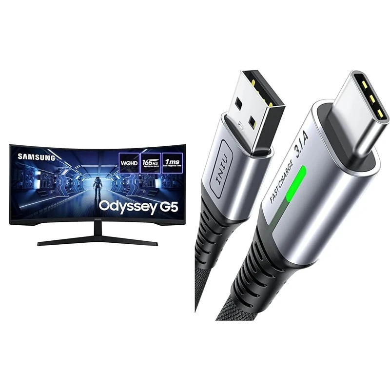 Samsung Odyssey G5 LC34G55TWWPXXU 34" 1000R Curved Gaming Monitor - 165Hz, 1ms, 1440p WQHD & INIU USB C Charger Cable 2m 3.1A Type C Cable Fast Charging, Braided USB A to USB-C Phone Charger