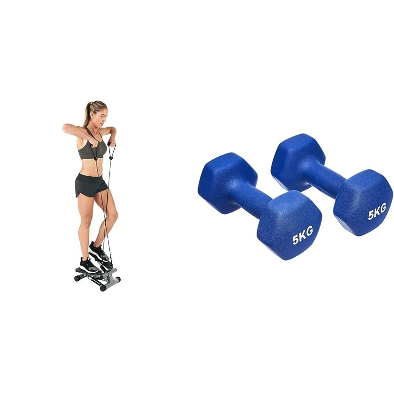 Sunny Health & Fitness Mini Stepper Machine, Stair Stepper Exercise Equipment with Resistance Bands & Amazon Basics Neoprene Dumbbell Pair, 10kgs 2 x 5 Kg, Blue