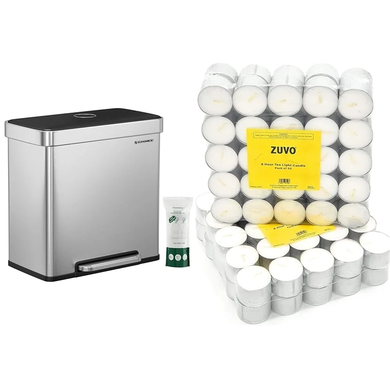 SONGMICS Kitchen Bin, 2 x 30L Stainless Steel Pedal Rubbish Bin with 15 Trash Bags, Recycling & 8 Hour Tea Lights Candles (50 Pack) - White Long Lasting Tea Lights - Unscented - 3.8 x 2.3 CM, 8hr