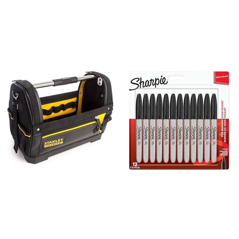 Stanley 1-93-951 Fatmax Open Tote Tool Bag, 48cm x 25cm x 33cm & Sharpie Permanent Markers | Fine Point for Bold Details | Black Ink | 12 Marker Pens