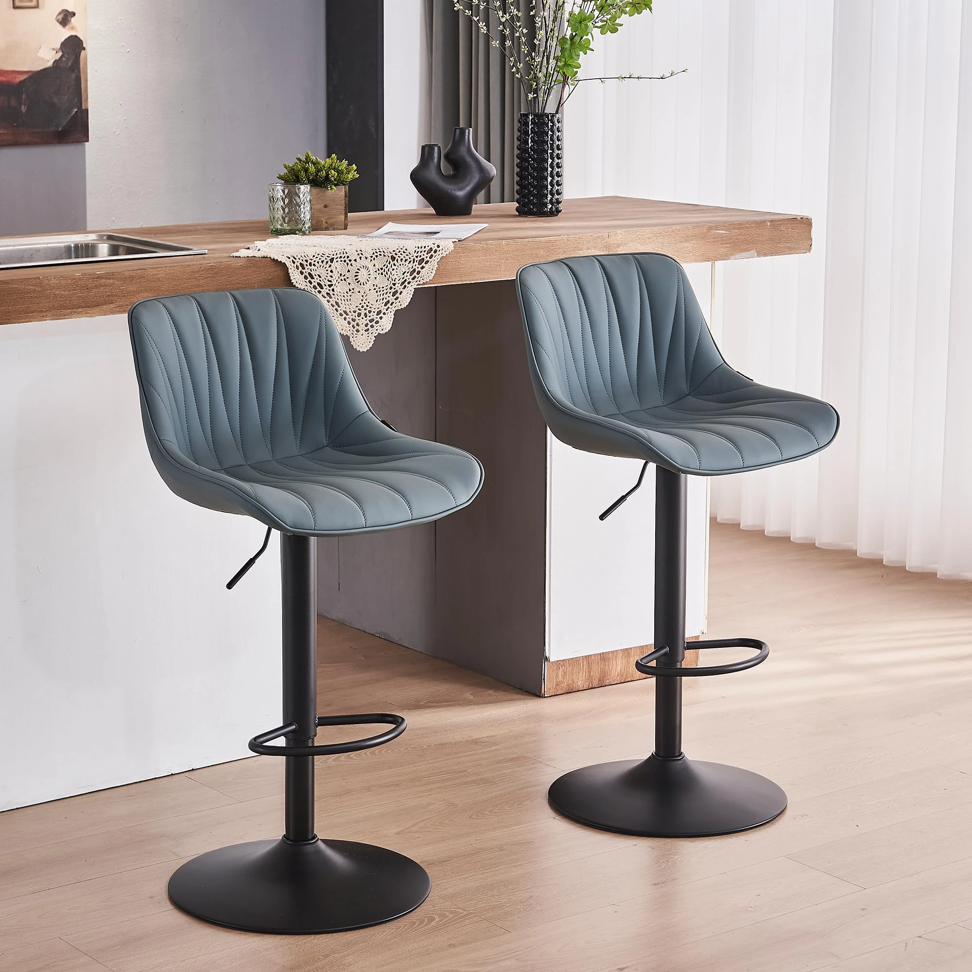 YOUNIKE Bar Stools Set of 2, Swivel Tall Barstools with Back, Adjustable Height Faux Leather Upholstered Modern Counter Height Bar Chairs, Greyish Green