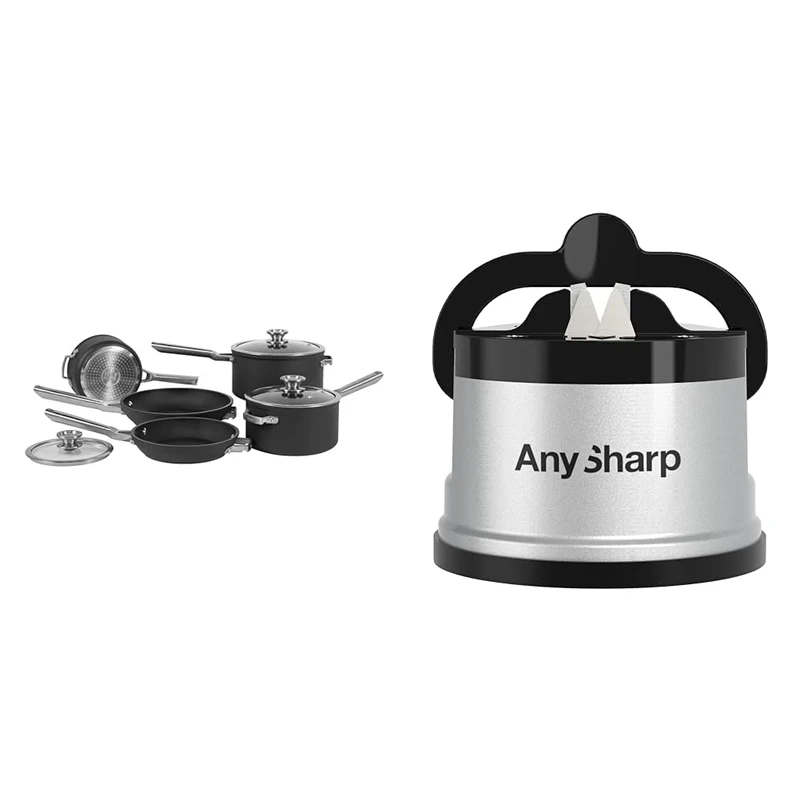 Ninja ZEROSTICK Stackable Cookware 5-Piece Pan Set, 3 Saucepans with Oven-Safe Glass Lids & AnySharp Knife Sharpener, Hands-Free Safety, PowerGrip Suction, Safely Sharpens All Kitchen Knives