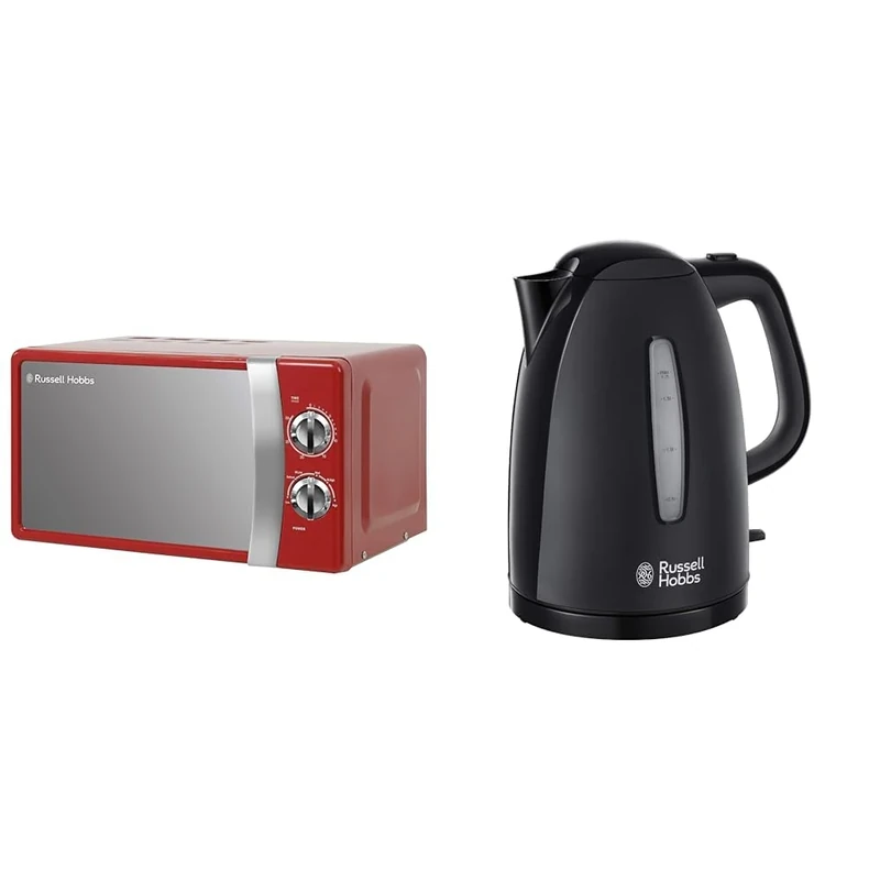 Russell Hobbs RHMM701R 17 Litre 700 W Red Solo Manual Microwave with 5 Power Levels, Ringer & Timer & Textures Electric 1.7L Cordless Kettle (Fast Boil 3KW, Black premium plastic, matt