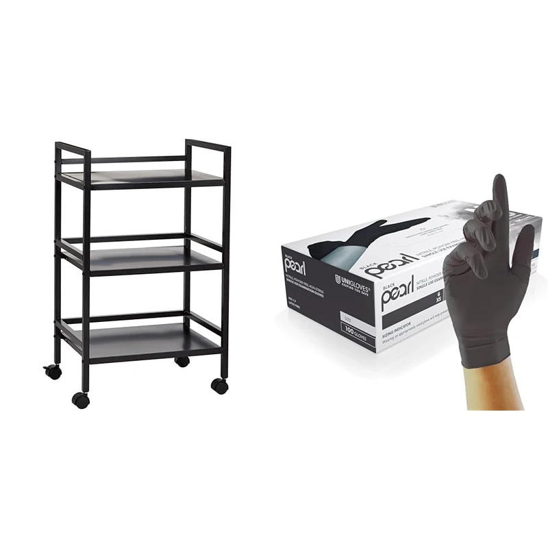 Amazon Basics Kitchen Trolley Metal Serving Cart With 3 Tier Storage, Black & Unigloves Black Pearl Nitrile Examination Gloves - Multipurpose, Powder Free, Medium (GP0033) - Image 1