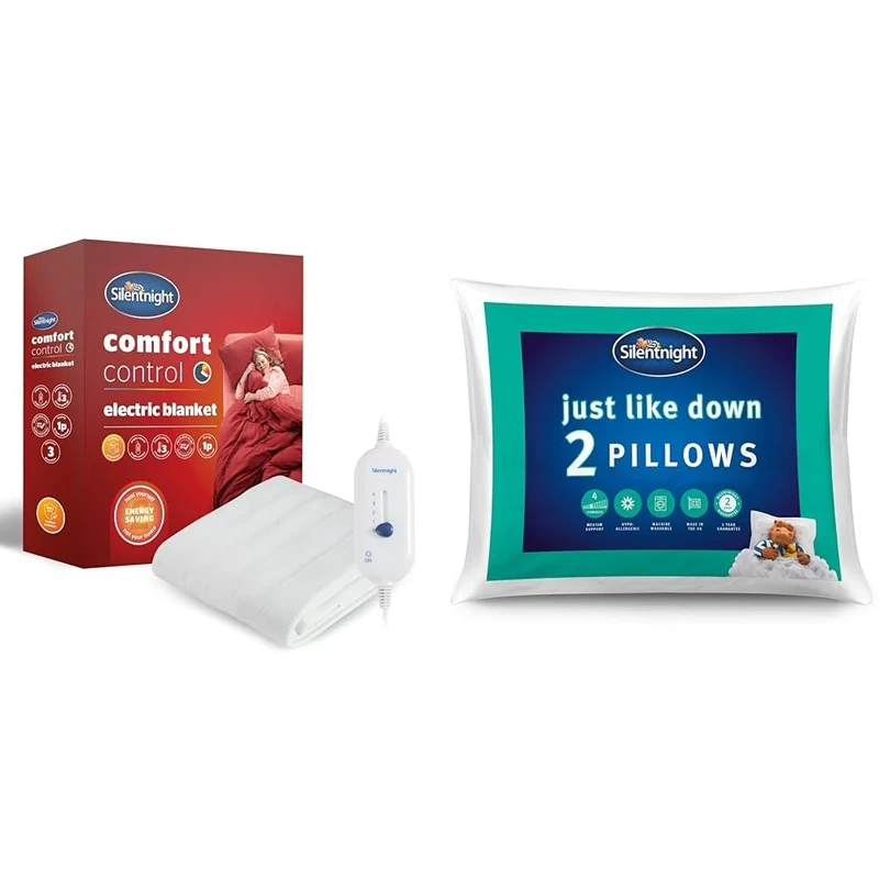 Silentnight Comfort Control Electric Blanket - Heated Underblanket with 3 Heat Settings & Just Like Down Pillow - Hotel Bed Sleep Pillows Cuddle Support Pillow Pair