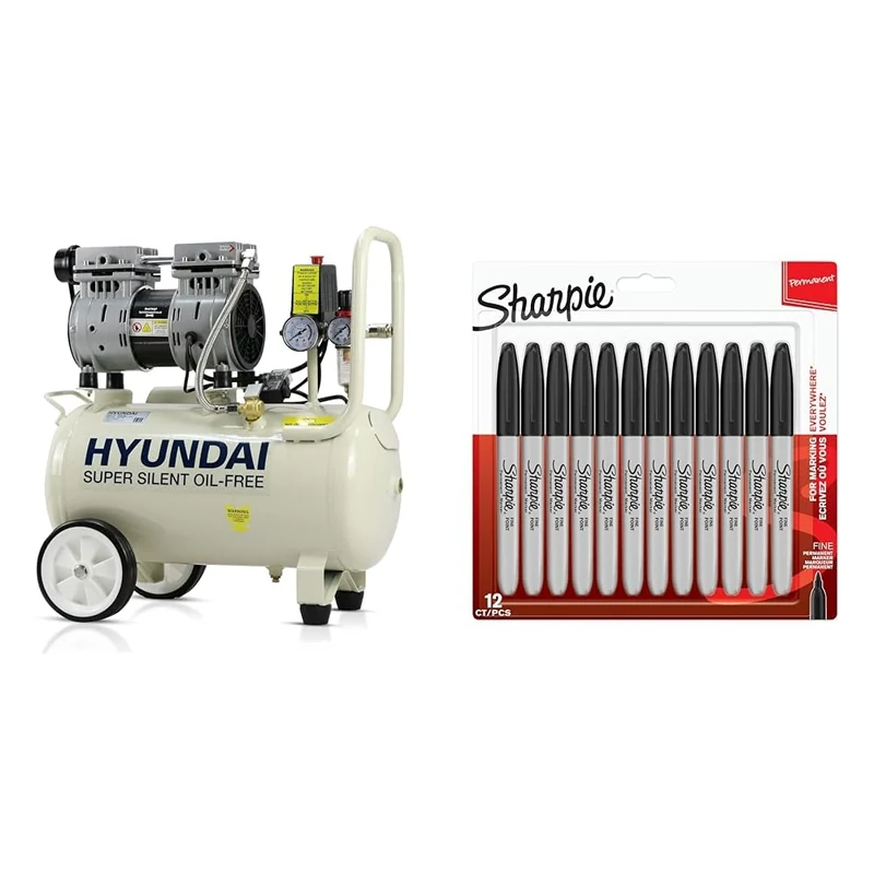 Hyundai HY7524 24 Litre Air Compressor, 5.2cfm/100psi, Silenced, Oil Free, 750w / 230v Direct Drive & Sharpie Permanent Markers | Fine Point for Bold Details | Black Ink | 12 Marker Pens