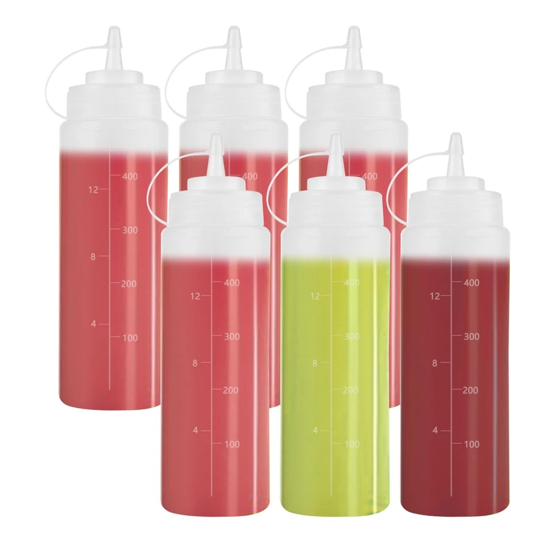 ASelected 6Pcs 500Ml Squeeze Sauce Bottle, Squeeze Sauce Bottle With With Twist On Cap Lids, Plastic Squeeze Dispensers With Measurements For Ketchup Condiments Syrup Bbq Sauce Mustard Salad Dressing