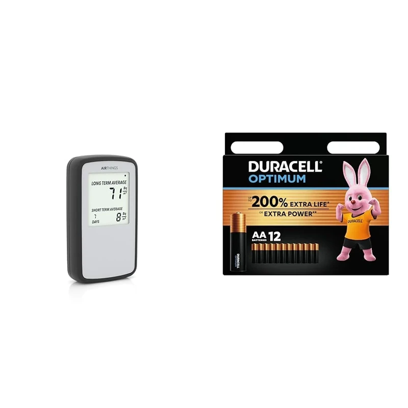 Airthings Corentium Home Radon Detector - 224 Portable, Lightweight, Easy-to-Use, (3) AAA Battery & Duracell Optimum AA Batteries (12 Pack) - Alkaline Batteries 1.5V - Up To 200% Extra Life