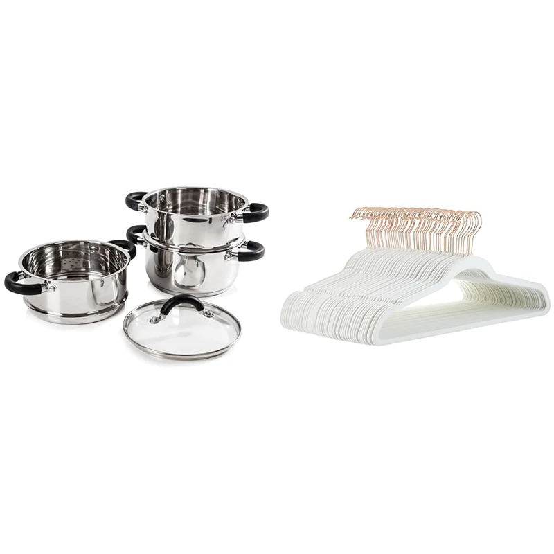 Tower T80836 Essentials Induction Steamer Pans 3 Tier with Glass Lid, Silicone Handles & Amazon Basics Slim Velvet Non-Slip Suit Hangers, Ivory/Rose Gold - 50-Pack - Image 1