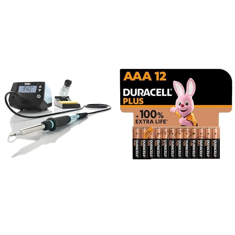 Weller WE 1010 (T0053298399) 70W/230V WE Digital Soldering Station Kit with UK Plug & Duracell Plus AAA Batteries (12 Pack) - Alkaline 1.5V - Up to 100% Extra Life