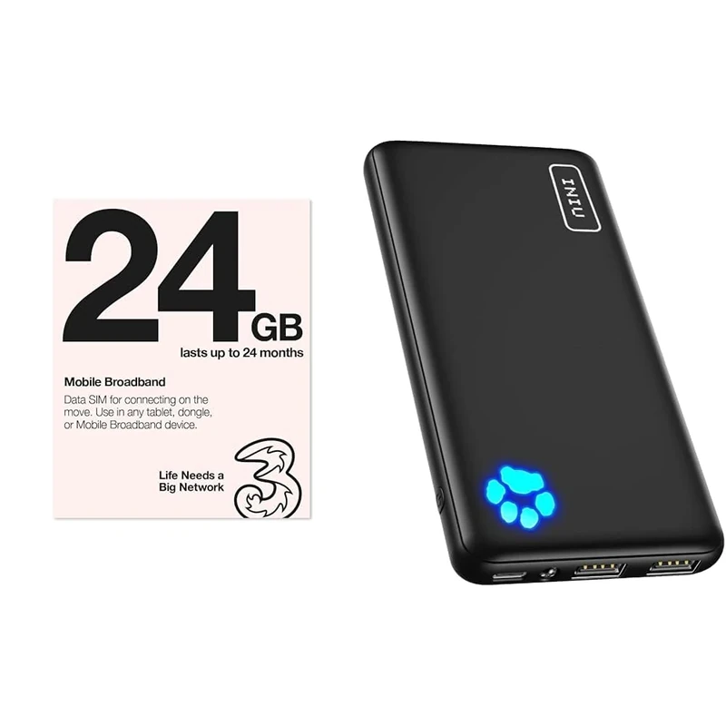 Three Mobile Pay As You Go Mobile Broadband 24 GB data SIM & INIU Power Bank, Portable Charger 10000mAh Slimmest & Lightest High-Speed USB C Input & Output