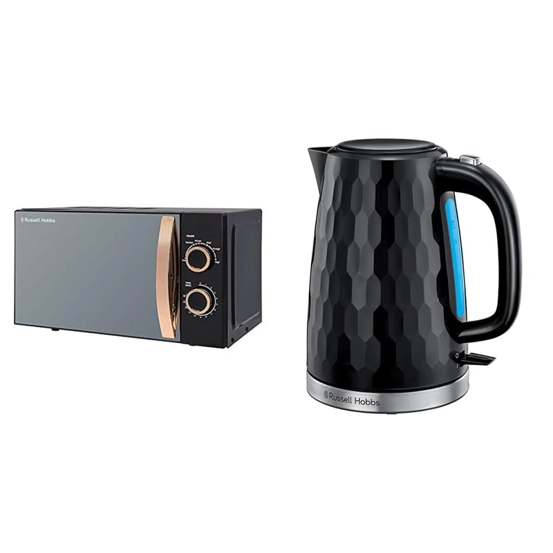 Russell Hobbs RHM1727RG 17 Litre 700 W Rose Gold Solo Microwave with 5 Power Levels, 30 Minute Timer & Honeycomb Electric 1.7L Cordless Kettle (Fast Boil 3KW, Black premium plastic, matt