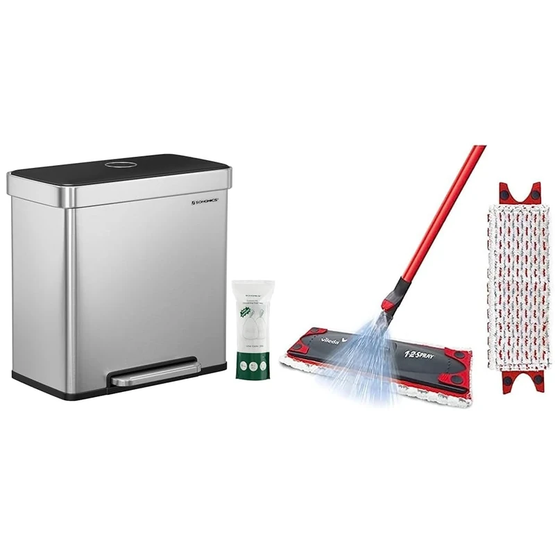 SONGMICS Kitchen Bin, 2 x 30L Stainless Steel Pedal Rubbish Bin with 15 Trash Bags, Recycling & Vileda 1-2 Spray Mop, Microfibre Flat Floor Spray Mop with Extra Head Replacement