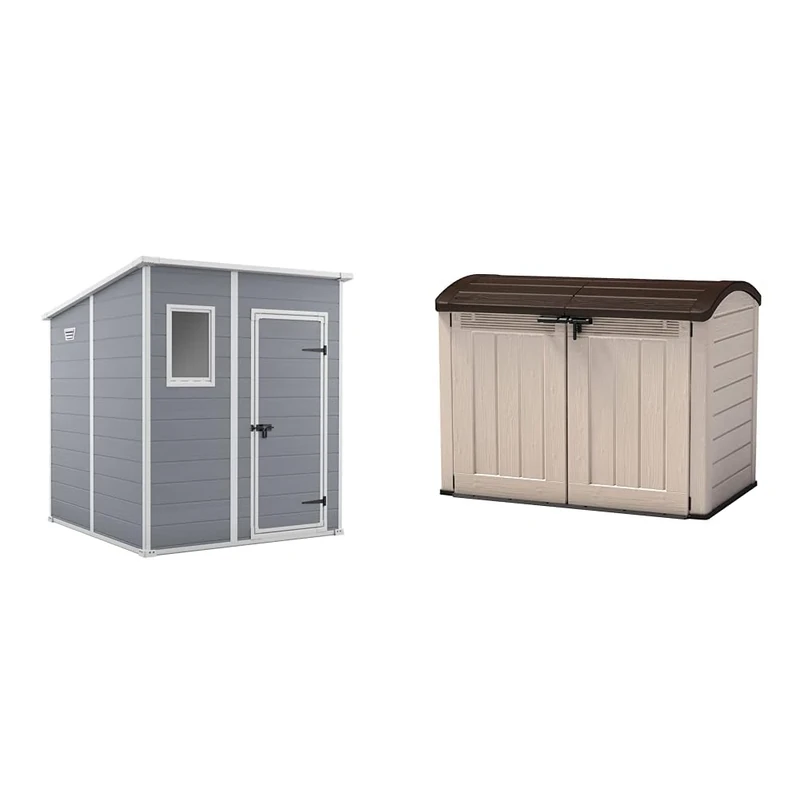 Keter Manor Pent Garden Storage Shed 6 x 6 feet - Grey, 200.6 cm*183.5 cm*183.0 cm & Store It Out Ultra Outdoor Garden Storage Shed, 177 x 113 x 134 cm - Beige and Brown
