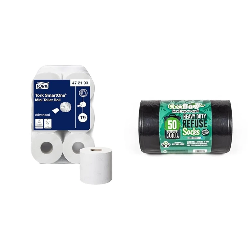Tork SmartOne Mini Toilet Roll White T9, Advanced, 2-Ply, 12 x 620 Sheets, 472193 & Eco Bag 50 Heavy Duty Refuse Sacks, Black, 1x