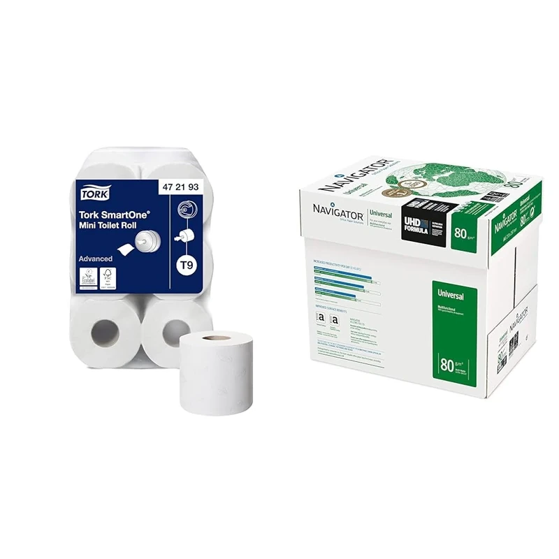 Tork SmartOne Mini Toilet Roll White T9, Advanced, 2-Ply, 12 x 620 Sheets, 472193 & Navigator Universal A4 80gsm Paper - Box of 5 Reams (5x500 Sheets)