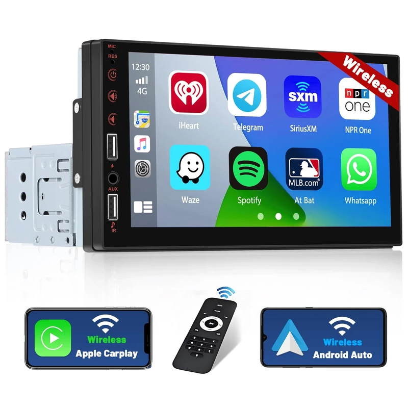 [Upgrade] 7 Inch Single Din Touch Screen Car Radio Wireless Carplay Android Auto, 1 Din Car Stereo with Bluetooth 5.1 Mirror Link FM Radio AUX USB SWC 7 Backlights+ Backup Camera Mic