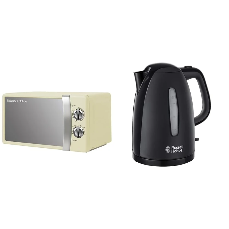 Russell Hobbs RHMM701C 17 Litre 700 W Cream Solo Manual Microwave with 5 Power Levels, Ringer&Timer & Textures Electric 1.7L Cordless Kettle (Fast Boil 3KW, Black premium plastic, matt