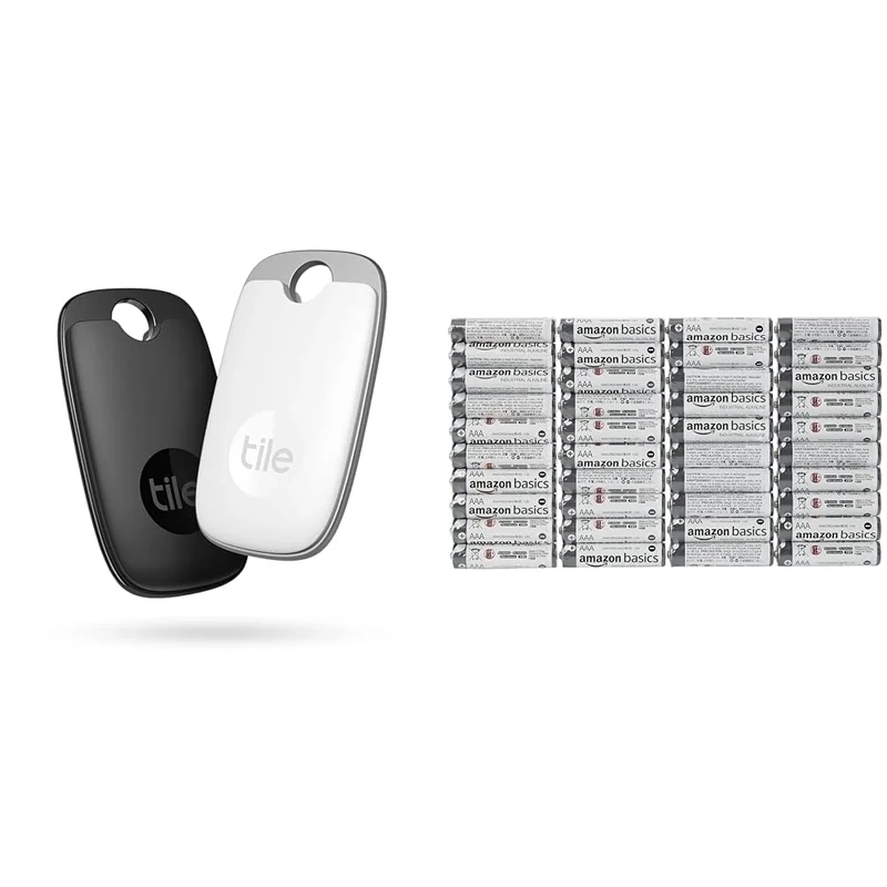 Tile Pro Bluetooth Item Finder, 2 Pack, 120m finding range, works with Alexa and Google Smart Home & Amazon Basics AAA Alkaline Batteries, Industrial Triple A, 5-Year Shelf Life, 40 Count