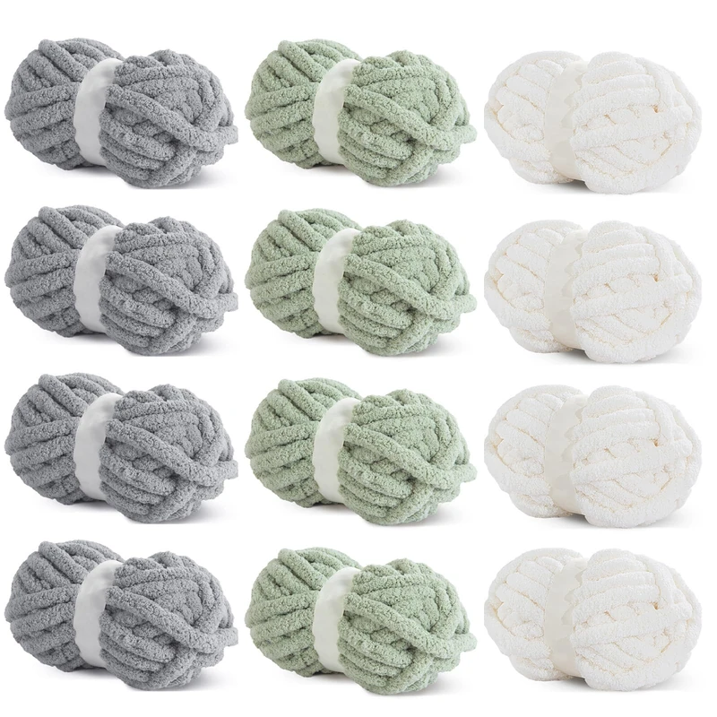 HOMBYS 12 Pack Chunky Yarn for Crocheting,Super Bulky Large Soft Fluffy Yarn,Plush Fuzzy Yarn,Thick Chenille Yarn for Hand Knitting/Arm Knitting,4 Cream,4 Light Grey,4 Sage Green(Each 27yds,8 oz)
