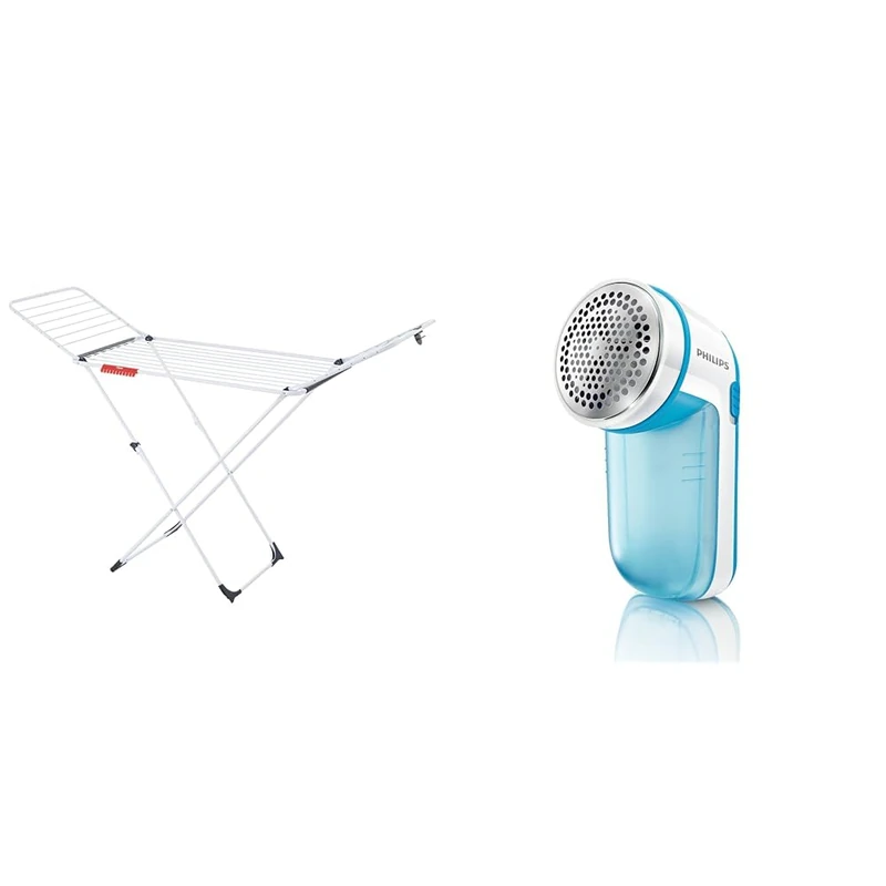 Vileda Extra X-Legs Clothes Airer, Indoor Clothes Drying Rack with 20m Washing Line, White & Philips Fabric Shaver GC026/00, Blue