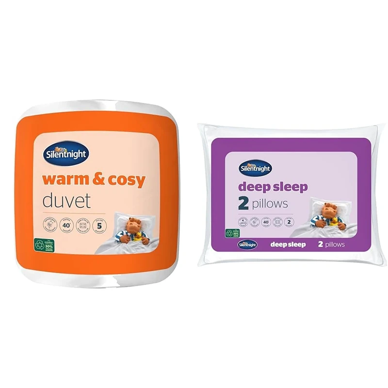 Silentnight Warm & Cosy King Size 15 Tog Winter Duvet – Extra Warm Thick Heavyweight Cosy Winter Quilt Duvet & Deep Sleep Pillows 2 Pack – Medium Support Comfortable Hollowfibre Bed for Front