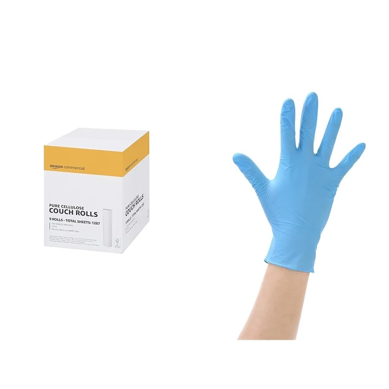 AmazonCommercial Premium Cellulose Rectangular Couch Rolls, 20" - 2 PLY - 50 Metres per roll, 9-Pack & Disposable Nitrile Gloves, Powder Free, Blue, Size M (Pack of 100 Pieces)