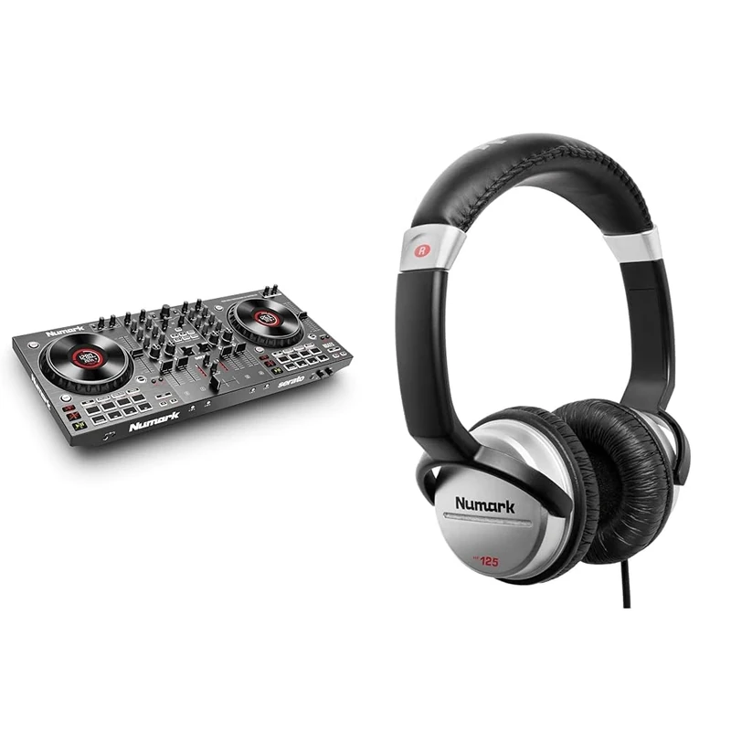 Numark NS4FX - 4-Channel DJ Controller, Touch Jog Wheels, Performance Pads, Effects, HF125 - Ultra-Portable DJ Headphones, Black