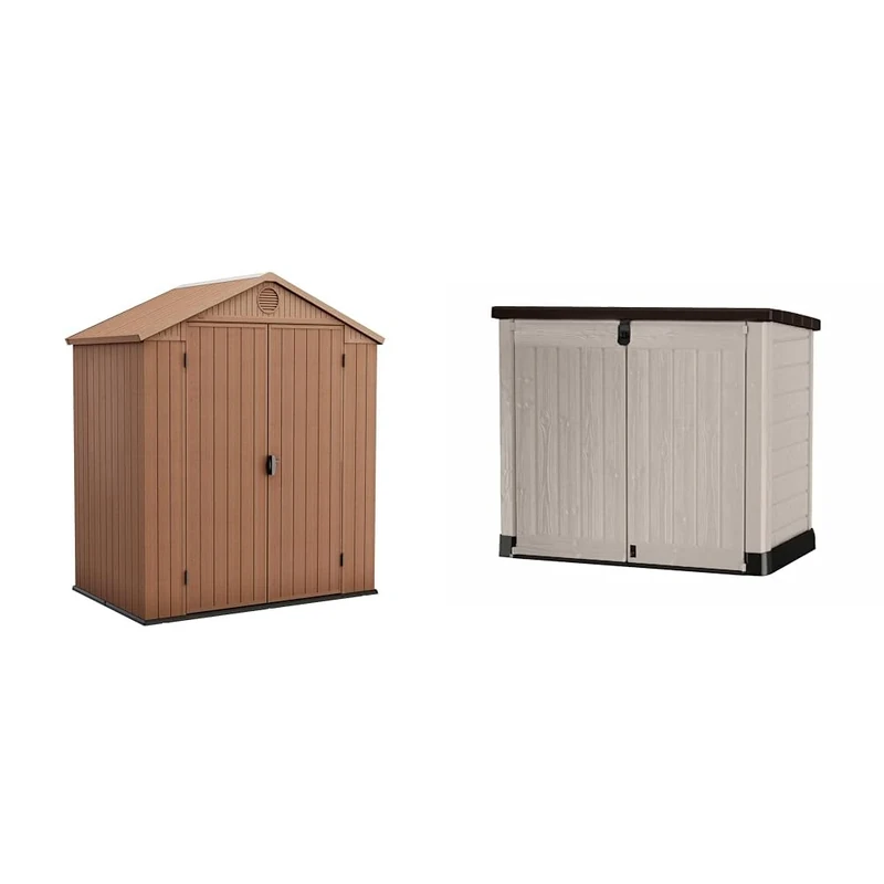 Keter Darwin Outdoor Apex Double Door Garden Storage Shed 6 X 4ft Brown Wood Look And Feel & 250001 Store It Out Pro Outdoor Storage Shed, 145.5 x 82 x 123cm Beige/Brown