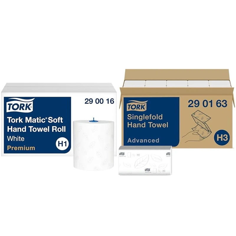 Tork Matic Soft Hand Towel Roll Premium 290016 - H1 Premium Paper Towels & Singlefold Paper Hand Towels 290163 - H3 Advanced Folded Paper Towels for Singlefold Dispenser