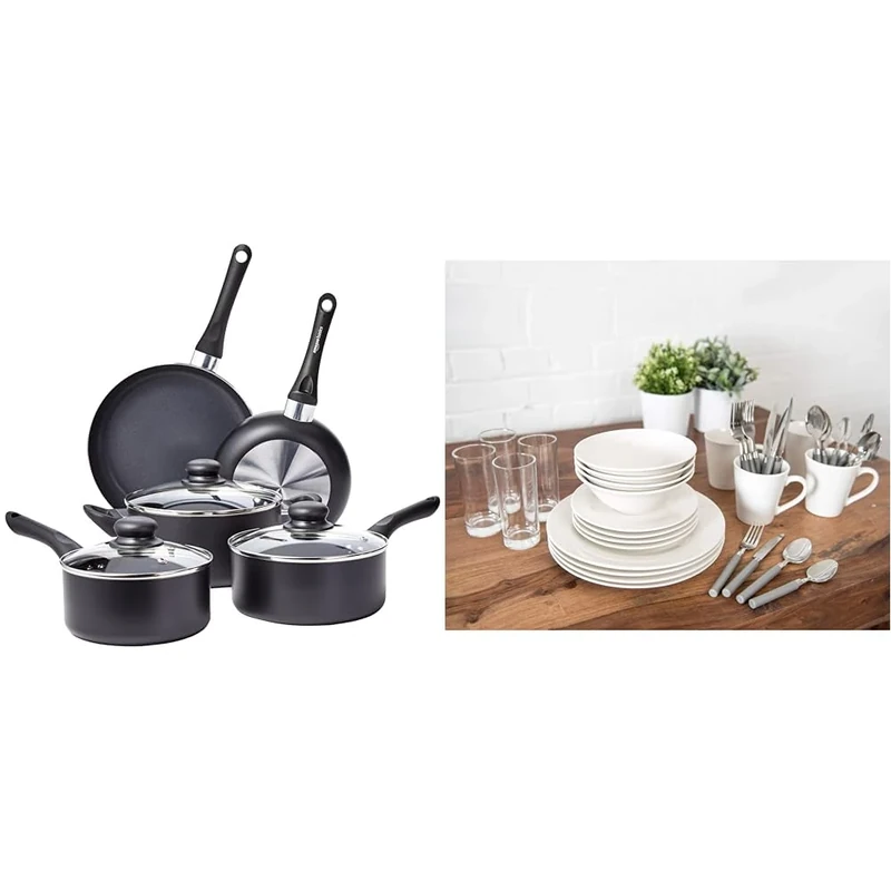 Amazon Basics 8-Piece Non-Stick Cookware Set, Black & Sabichi 36pc Day to Day White Dinner Set - Microwave & Dishwasher Safe - Plates and Bowls Set