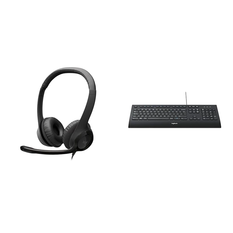 Logitech H390 Wired Headset for PC/Laptop, Stereo Headphones with Noise Cancelling Microphone & K280e Pro Wired Business Keyboard, QWERTY US-International Layout - Black