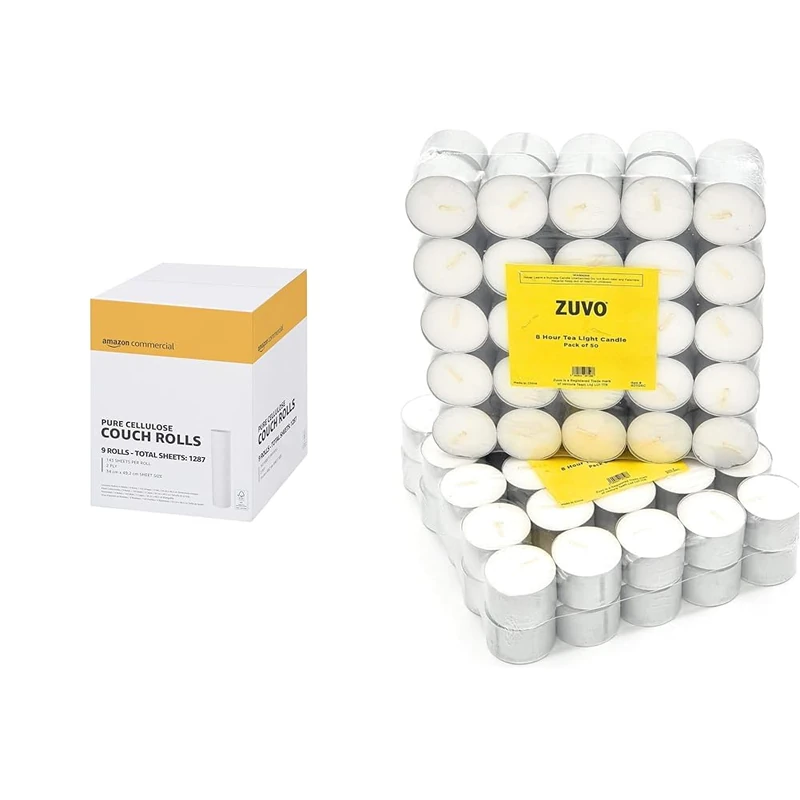 AmazonCommercial Premium Cellulose Rectangular Couch Rolls, 20" - 2 PLY - 50 Metres per roll, 9-Pack & 8 Hour Tea Lights Candles - White Long Lasting Tea Lights - Unscented - 3.8 x 2.3 CM, 8hr
