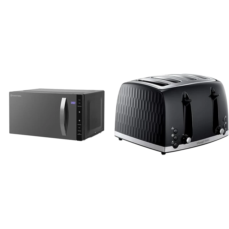 Russell Hobbs RHFM2363B 23 L 800 W Black Digital Flatbed Solo Freestanding Microwave & Honeycomb 4 Slice Toaster (Independent & Extra wide slots with high lift