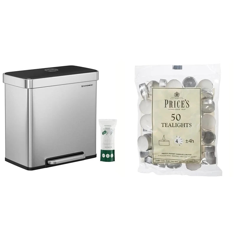 SONGMICS Kitchen Bin, 2 x 30L Stainless Steel Pedal Rubbish Bin with 15 Trash Bags, Recycling & Prices Patent Candles White Tealights Bag, Pack of 50, Wax, l x 3.8cm w x 1.8cm h, Unscented
