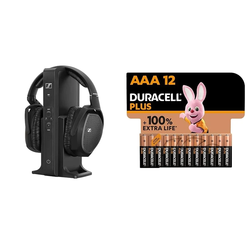 Sennheiser RS 175 digital wireless over-ear headphones - bass boost and surround sound & Duracell Plus AAA Batteries (12 Pack) - Alkaline 1.5V - Up To 100% Extra Life