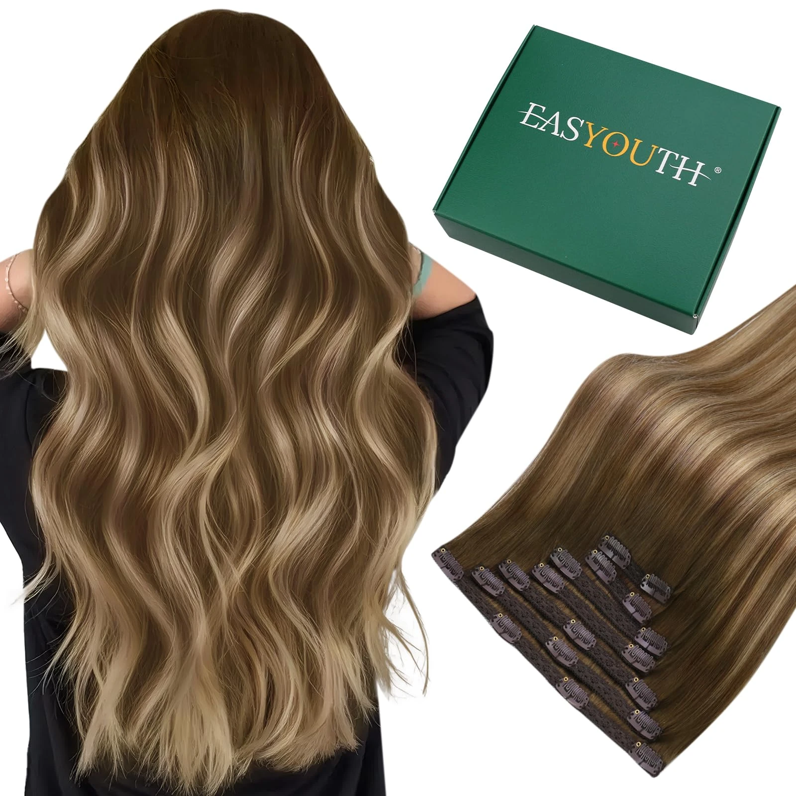Easyouth Human Hair Extensions Clip in Ombre Brown Clip in Real Hair Extension Balayage Medium Brown to Honey Blonde Clips in Extensions Straight Natural Hair 16Inch 5Pcs 70g #4/27/4