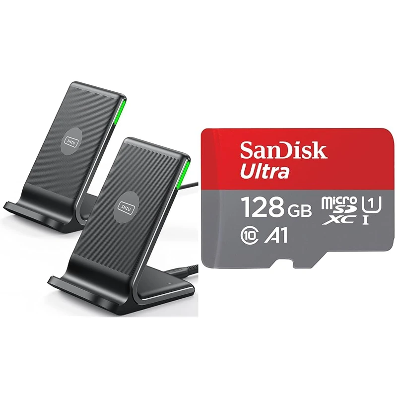 INIU Wireless Charger 2-Pack, 15W Qi Certified Fast Wireless Charger Stand with Sleep-friendly Light & SanDisk 128GB Ultra microSDXC card + SD adapter up to 140 MB/s with A1 App Performance UHS-I