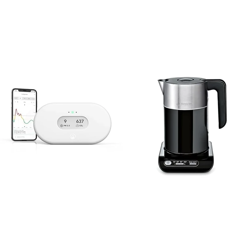 Airthings 2960 View Plus - Radon and Air Quality Monitor with PM 2.5, CO2, VOC, Humidity & Bosch Styline TWK8633GB Variable Temperature Cordless Kettle, 1.5 Litres, 3000W - Black